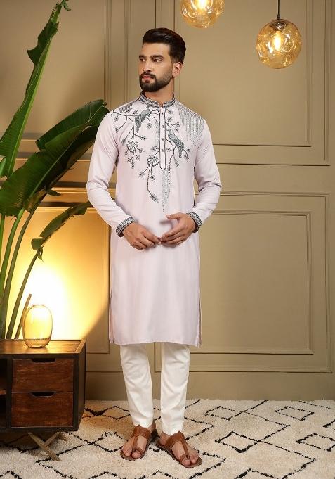 Light Pink Embroidered Silk Blend Kurta Pyjama For Men