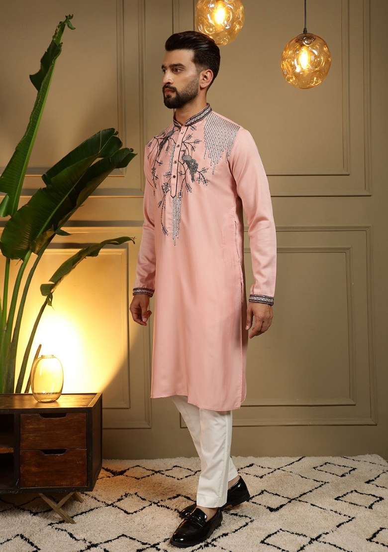 Blush Pink Embroidered Silk Blend Kurta Pyjama For Men - Indya