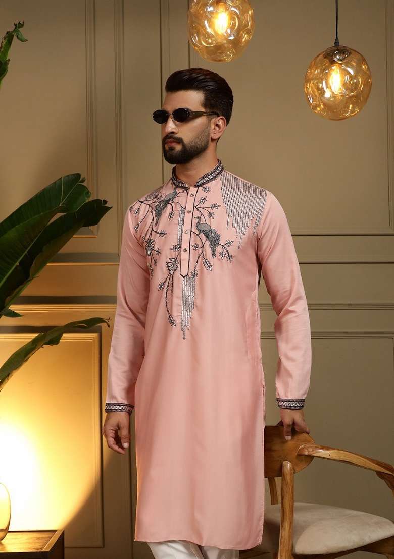 Blush Pink Embroidered Silk Blend Kurta Pyjama For Men - Indya