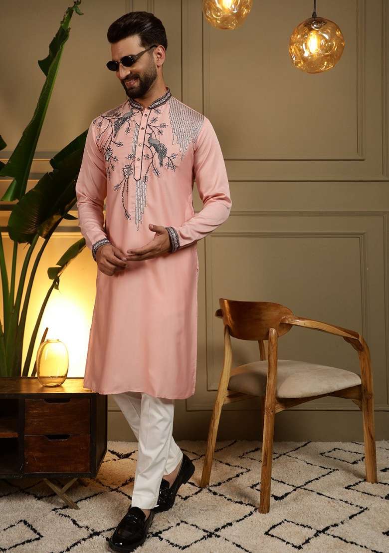 Blush Pink Embroidered Silk Blend Kurta Pyjama For Men - Indya
