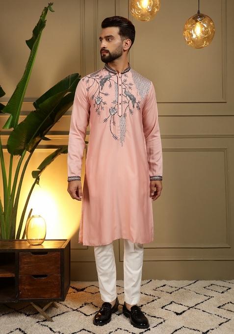 Blush Pink Embroidered Silk Blend Kurta Pyjama For Men