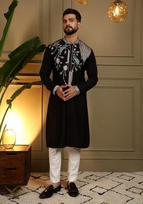 Black Embroidered Silk Kurta Pyjama For Men