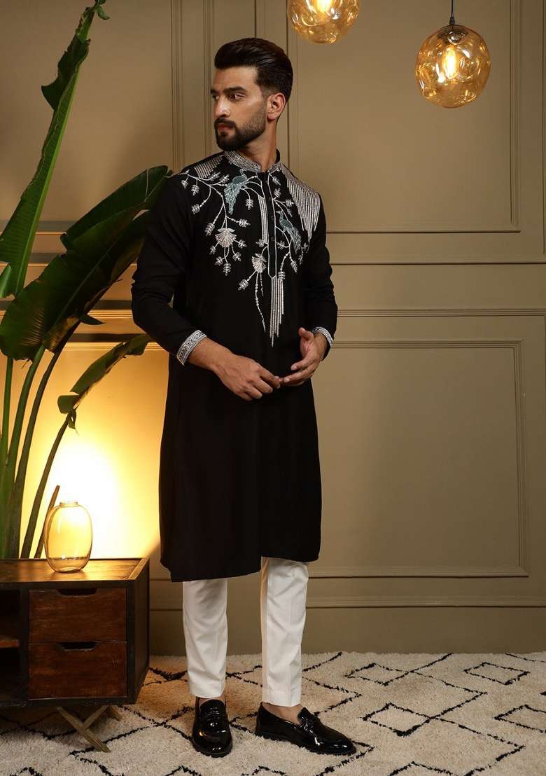 Black Embroidered Silk Blend Kurta Pyjama For Men - Indya