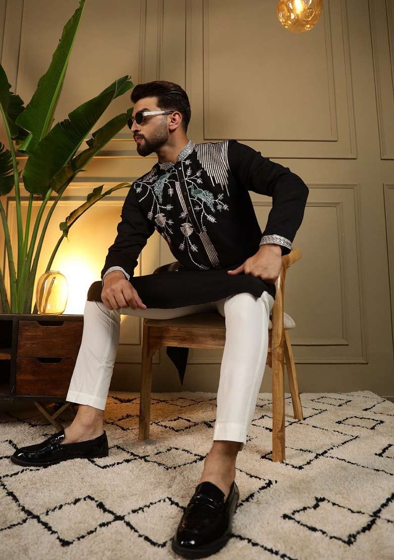 Black Embroidered Silk Blend Kurta Pyjama For Men - Indya
