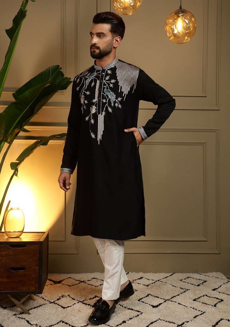 Black Embroidered Silk Blend Kurta Pyjama For Men - Indya