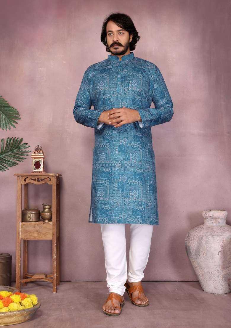 Blue Sequin Work Cotton Kurta Pyjama For Men - Indya