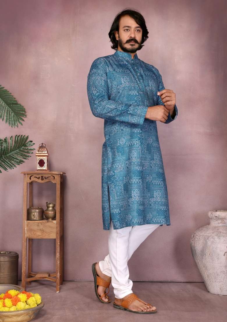 Blue Sequin Work Cotton Kurta Pyjama For Men - Indya