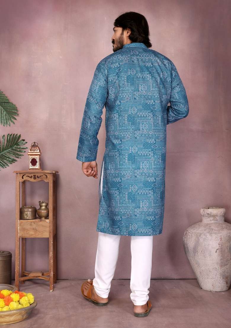 Blue Sequin Work Cotton Kurta Pyjama For Men - Indya