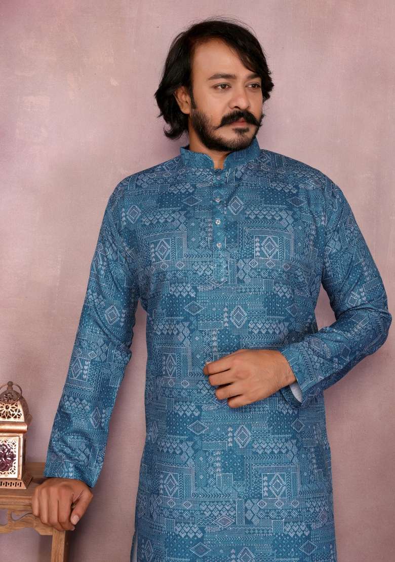 Blue Sequin Work Cotton Kurta Pyjama For Men - Indya