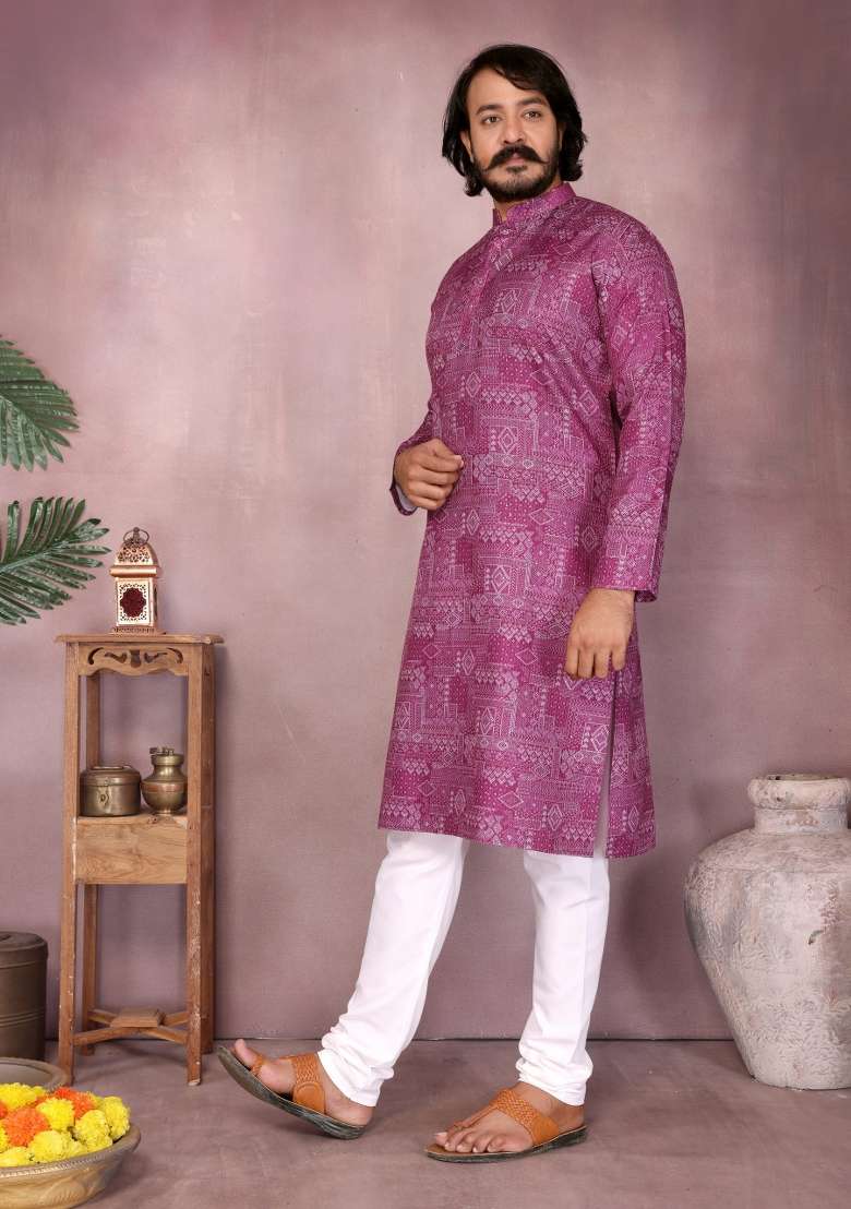 Pink Sequin Work Cotton Kurta Pyjama For Men - Indya