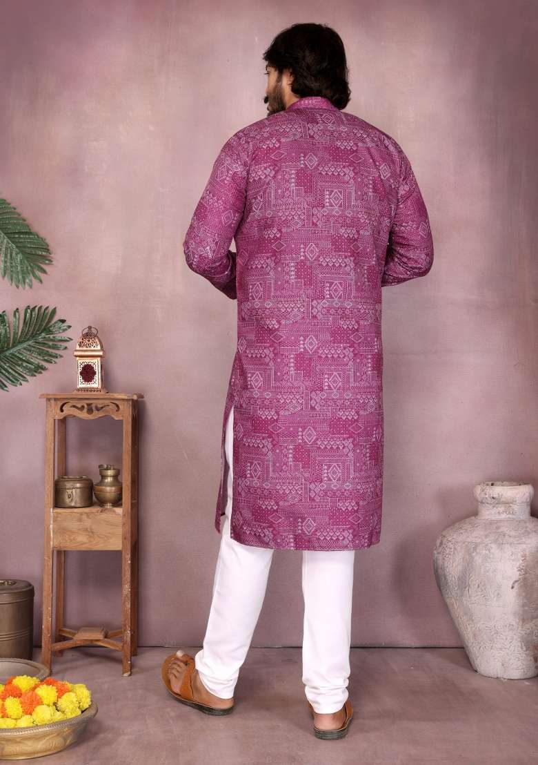 Pink Sequin Work Cotton Kurta Pyjama For Men - Indya