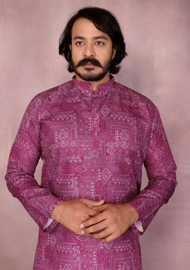Pink Sequin Work Cotton Kurta Pyjama For Men - Indya