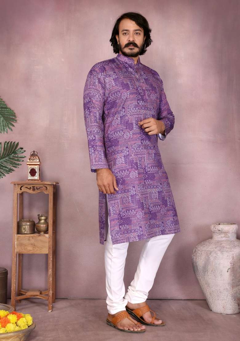 Purple Sequin Work Cotton Kurta Pyjama For Men - Indya