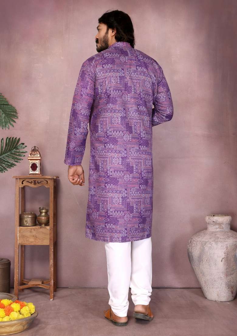 Purple Sequin Work Cotton Kurta Pyjama For Men - Indya