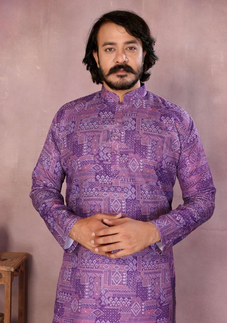 Purple Sequin Work Cotton Kurta Pyjama For Men - Indya
