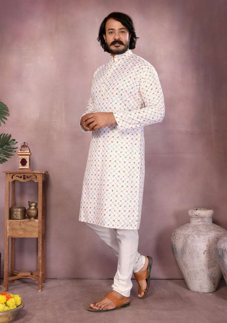 White Sequin Work Cotton Kurta Pyjama For Men - Indya