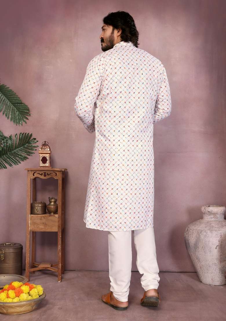 White Sequin Work Cotton Kurta Pyjama For Men - Indya