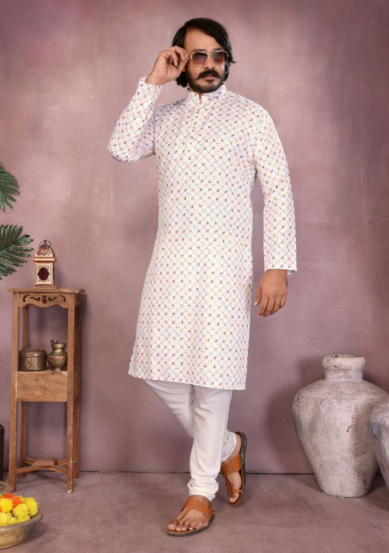 White Sequin Work Cotton Kurta Pyjama For Men - Indya