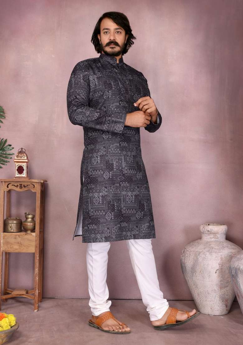 Black Sequin Work Cotton Kurta Pyjama For Men - Indya