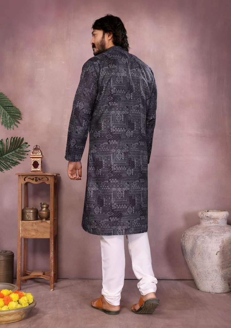 Black Sequin Work Cotton Kurta Pyjama For Men - Indya