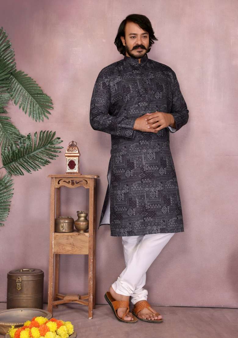 Black Sequin Work Cotton Kurta Pyjama For Men - Indya
