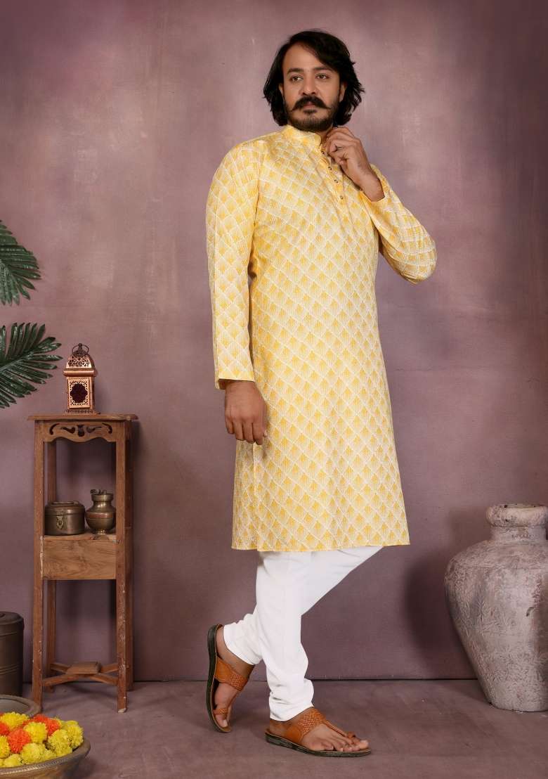 Yellow Sequin Work Cotton Kurta Pyjama For Men - Indya