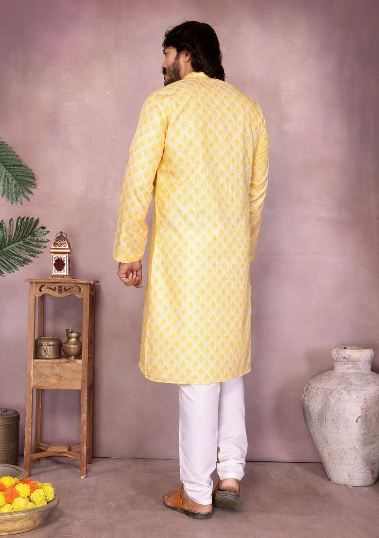 Yellow Sequin Work Cotton Kurta Pyjama For Men - Indya