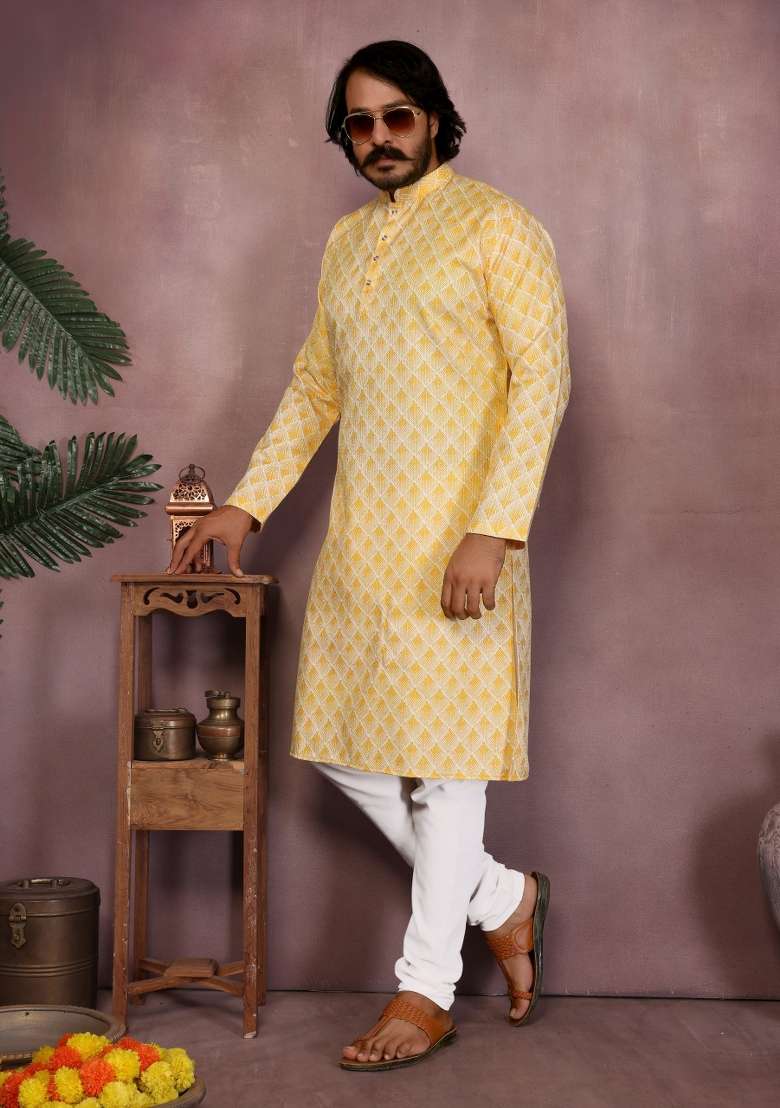 Yellow Sequin Work Cotton Kurta Pyjama For Men - Indya