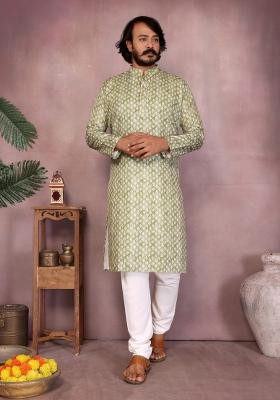 Green Sequin Work Cotton Kurta Pyjama For Men