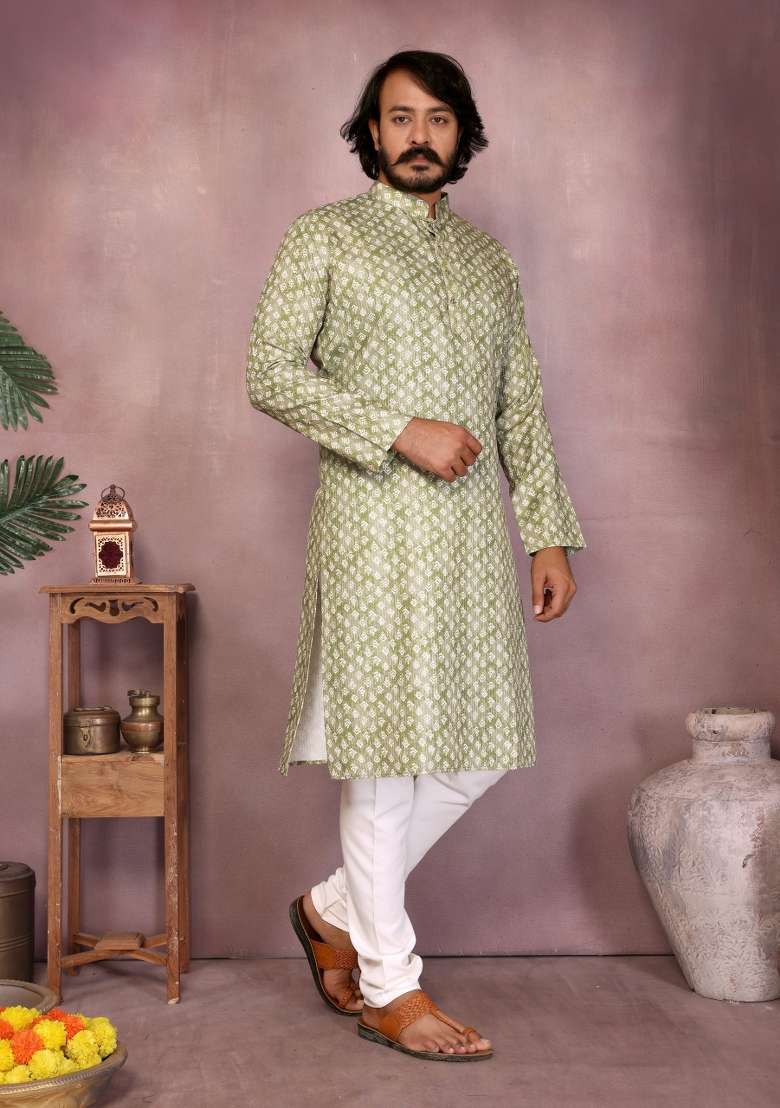 Green Sequin Work Cotton Kurta Pyjama For Men - Indya