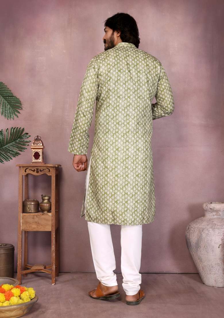 Green Sequin Work Cotton Kurta Pyjama For Men - Indya
