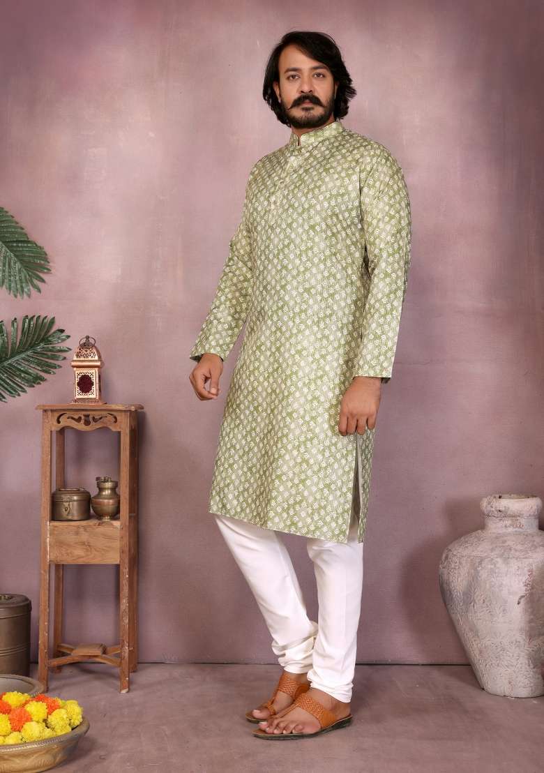 Green Sequin Work Cotton Kurta Pyjama For Men - Indya