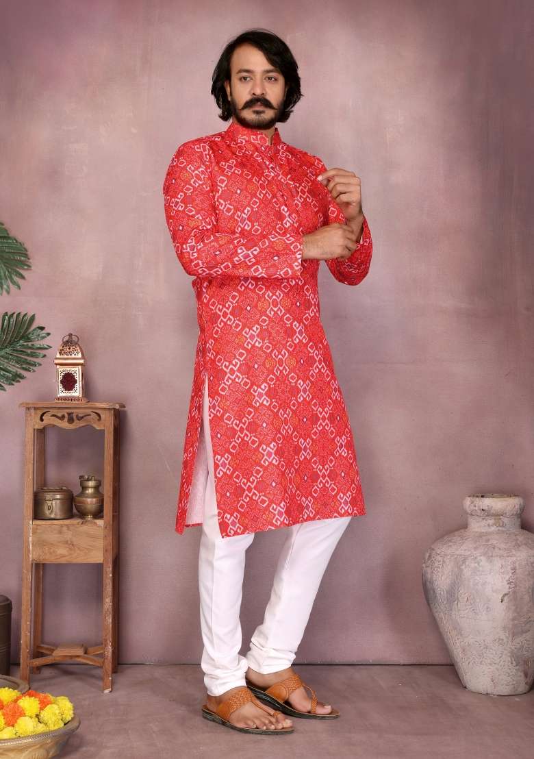 Red Sequin Work Cotton Kurta Pyjama For Men - Indya