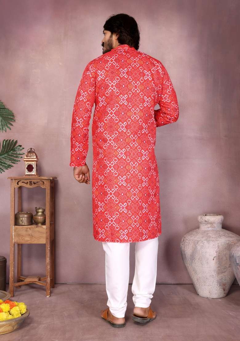 Red Sequin Work Cotton Kurta Pyjama For Men - Indya