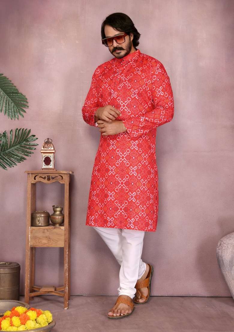 Red Sequin Work Cotton Kurta Pyjama For Men - Indya
