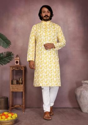 Yellow Sequin Work Cotton Kurta Pyjama For Men