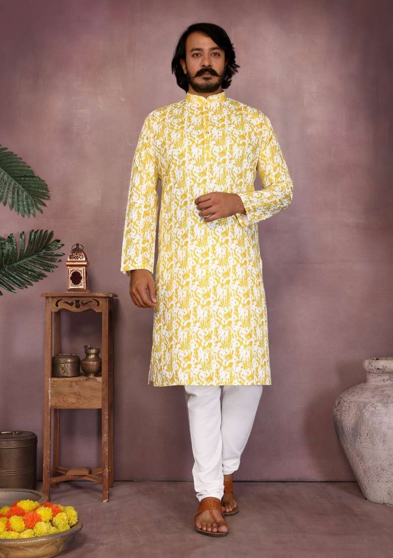 Yellow Sequin Work Cotton Kurta Pyjama For Men - Indya