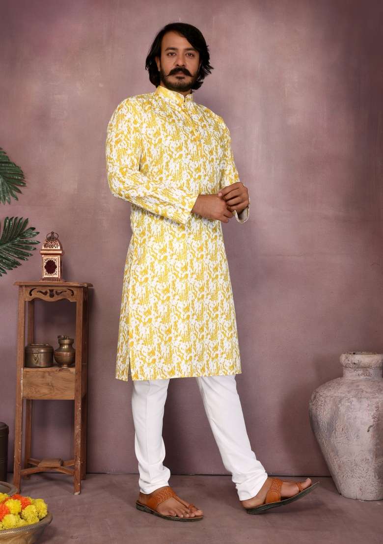 Yellow Sequin Work Cotton Kurta Pyjama For Men - Indya