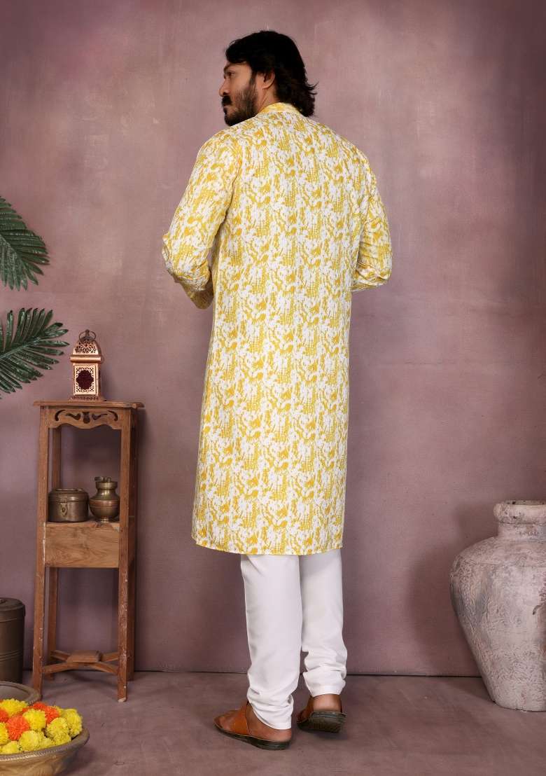 Yellow Sequin Work Cotton Kurta Pyjama For Men - Indya