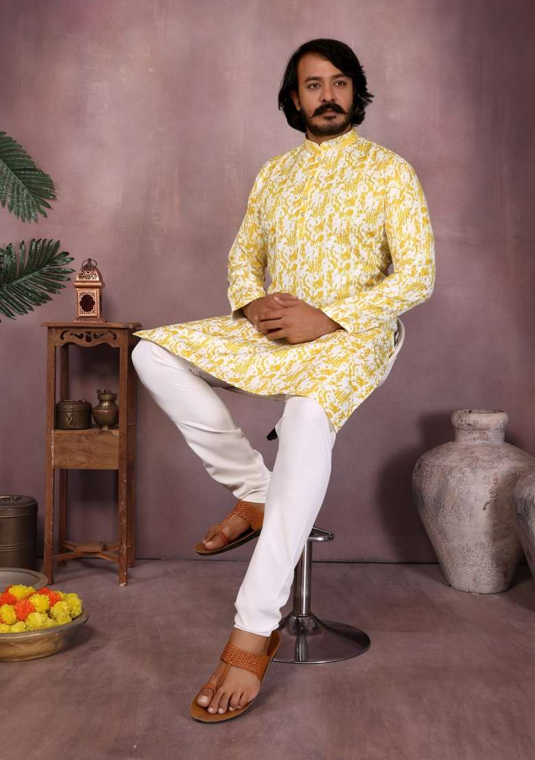 Yellow Sequin Work Cotton Kurta Pyjama For Men - Indya
