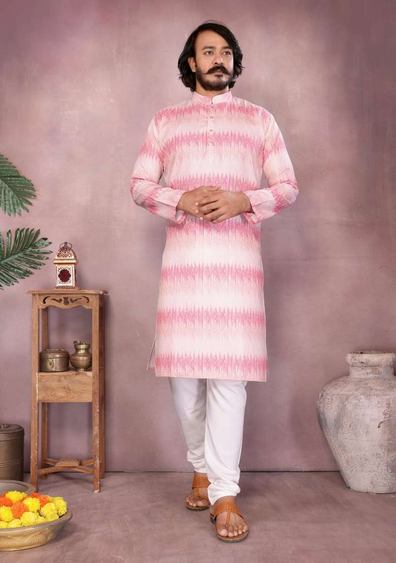 Light Pink Sequin Work Cotton Kurta Pyjama For Men - Indya