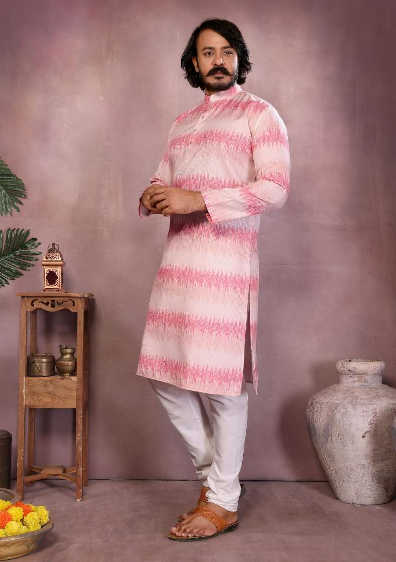 Light Pink Sequin Work Cotton Kurta Pyjama For Men - Indya