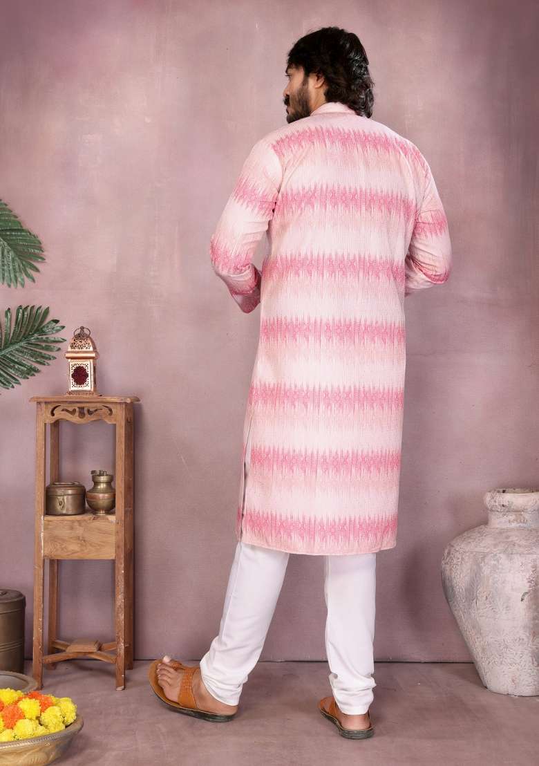 Light Pink Sequin Work Cotton Kurta Pyjama For Men - Indya