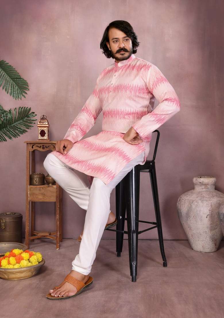 Light Pink Sequin Work Cotton Kurta Pyjama For Men - Indya