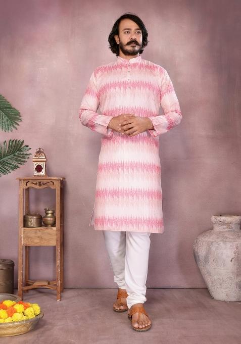 Light Pink Sequin Work Cotton Kurta Pyjama For Men