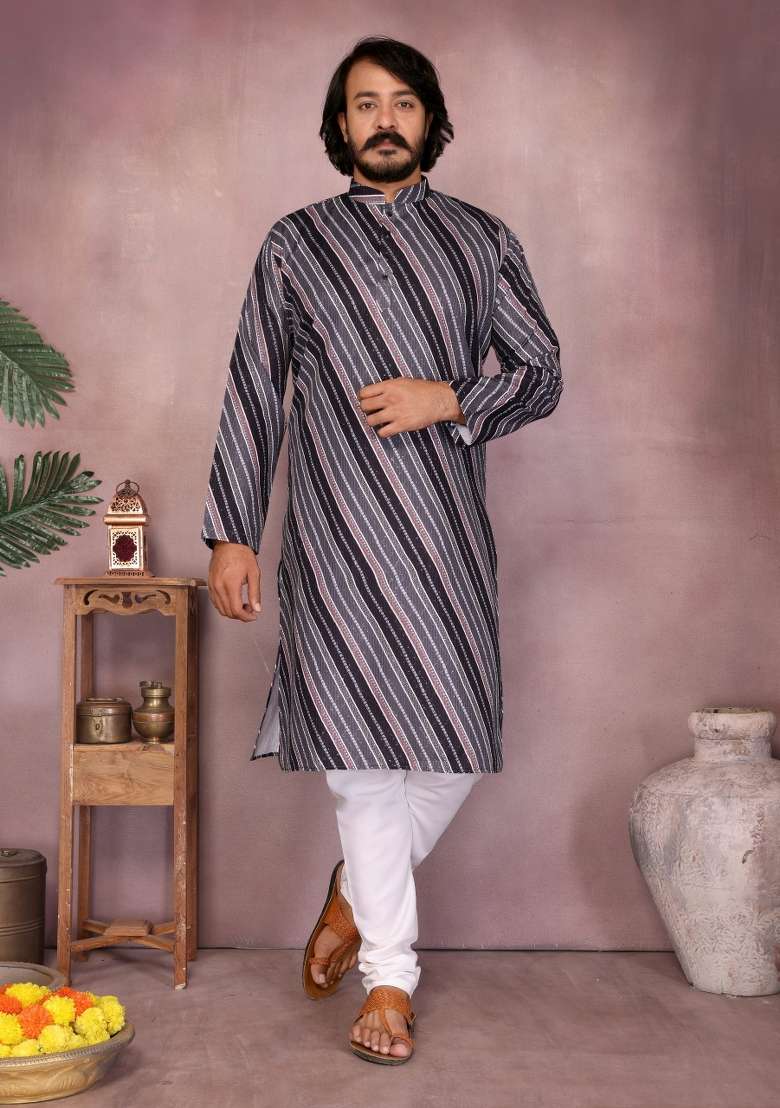 Black Sequin Work Cotton Kurta Pyjama For Men - Indya