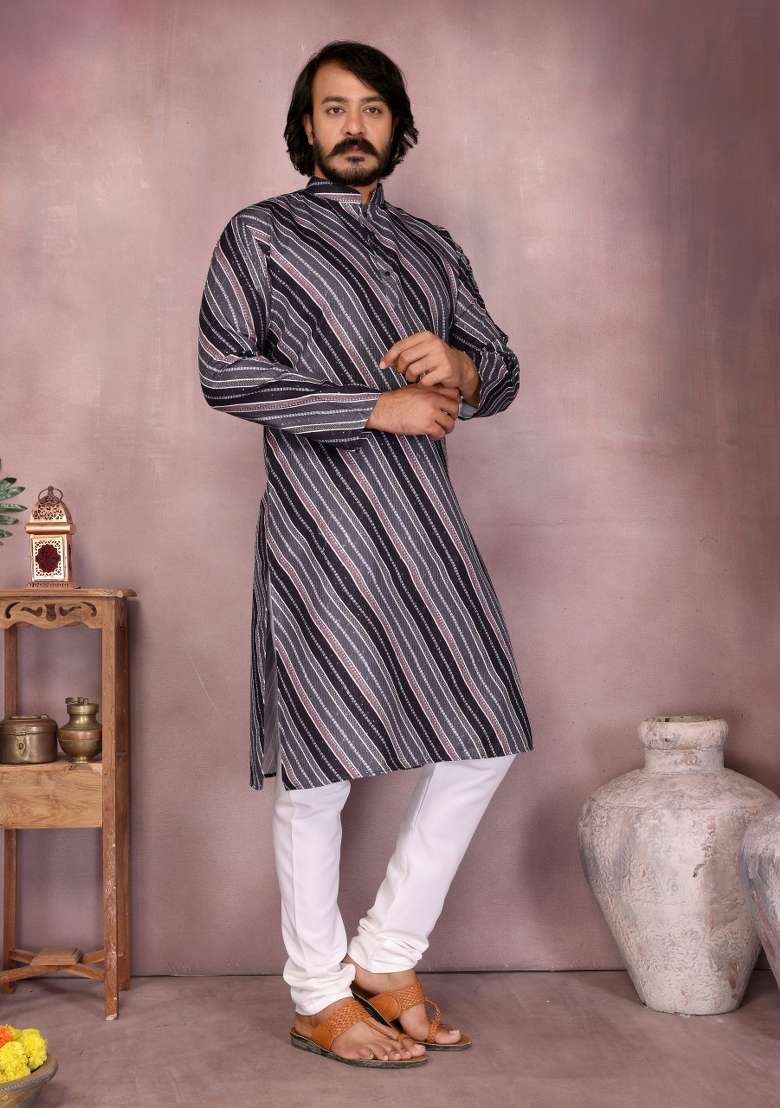 Black Sequin Work Cotton Kurta Pyjama For Men - Indya