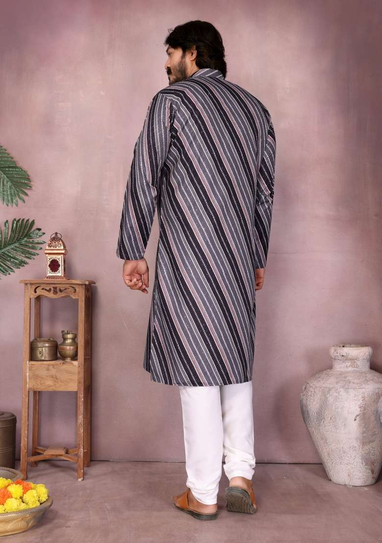Black Sequin Work Cotton Kurta Pyjama For Men - Indya