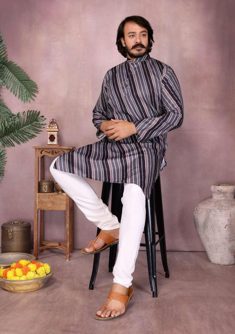 Black Sequin Work Cotton Kurta Pyjama For Men - Indya