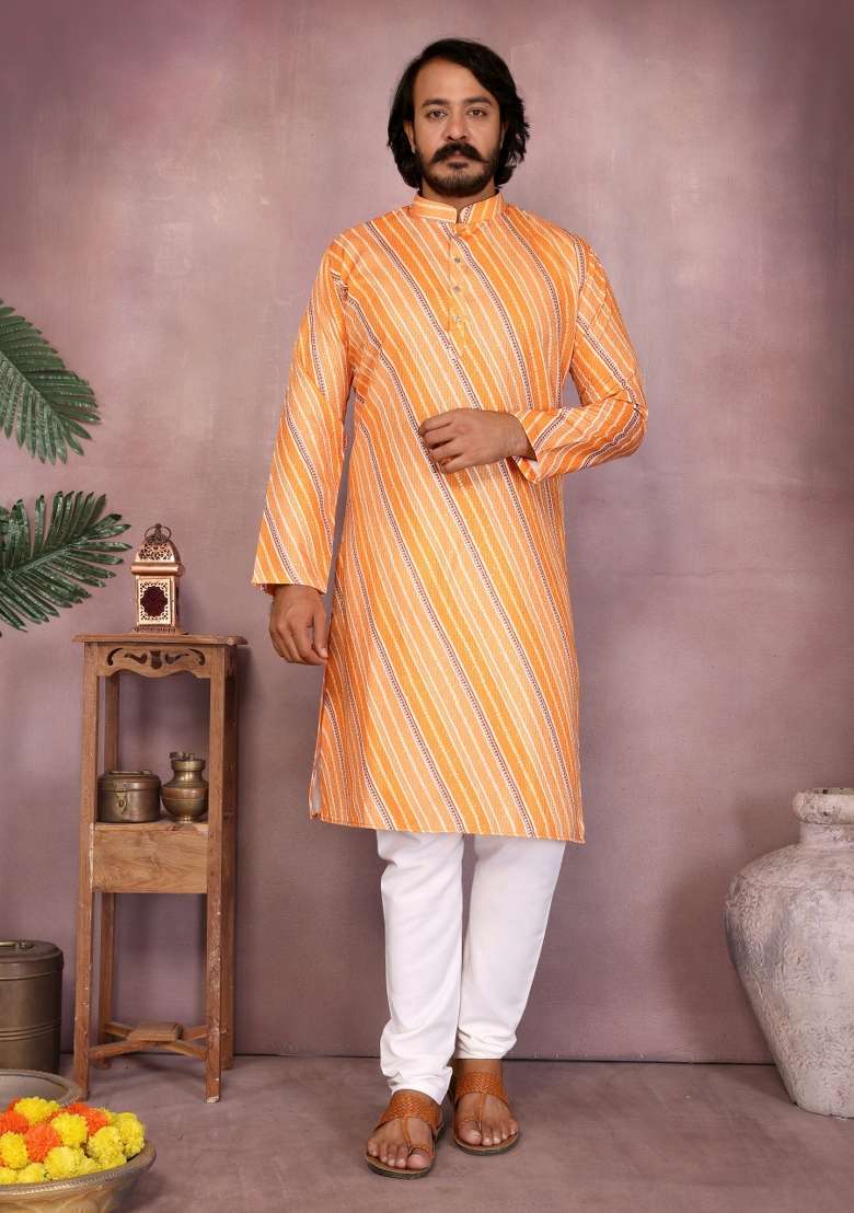 Light Orange Sequin Work Cotton Kurta Pyjama For Men - Indya
